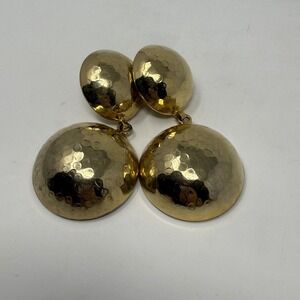 Vintage Style Hammered Gold Tone Double Dome Clip On Statement Drop Earrings